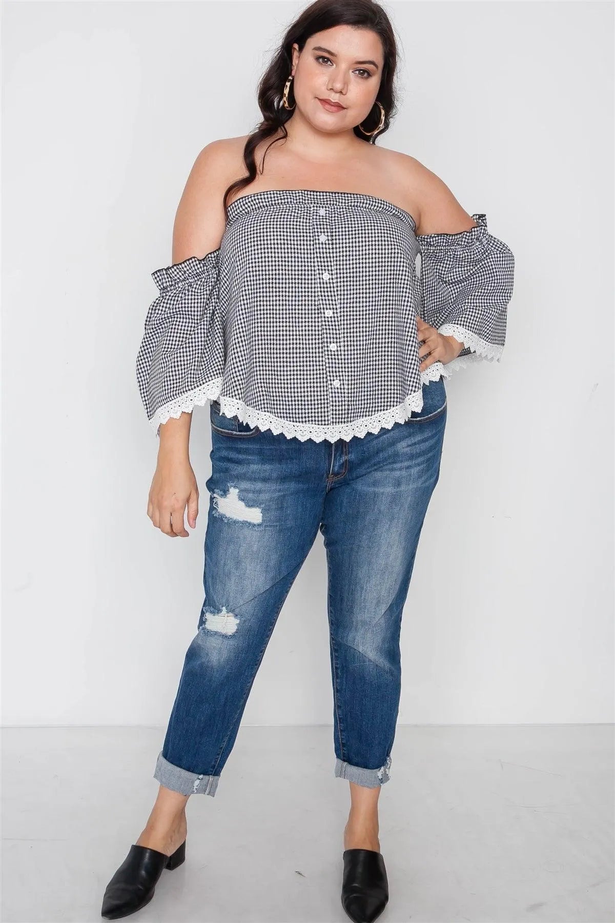Plus Size Black Gingham Off-The-Shoulder Top /2-2-2 - Tasha Apparel Wholesale
