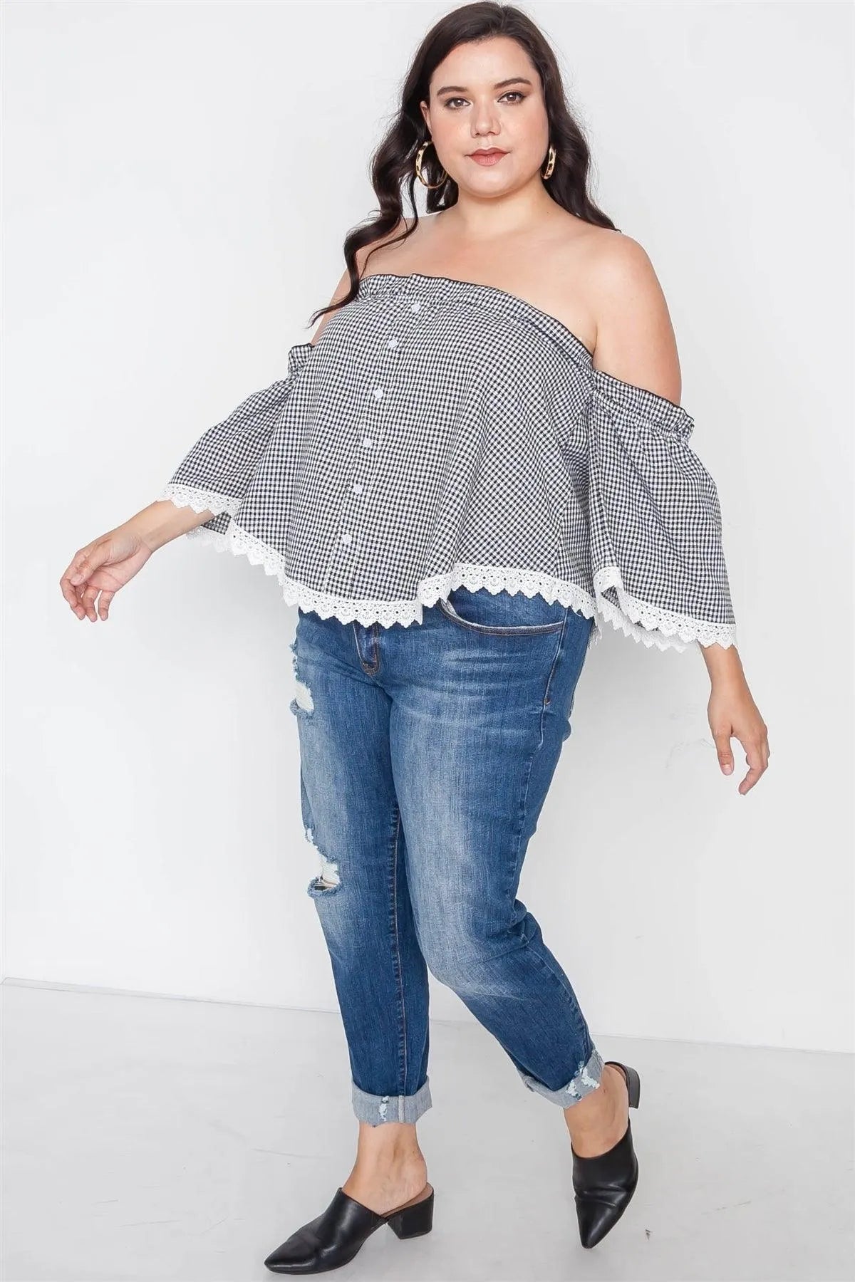 Plus Size Black Gingham Off-The-Shoulder Top /3-2-2 - Tasha Apparel Wholesale