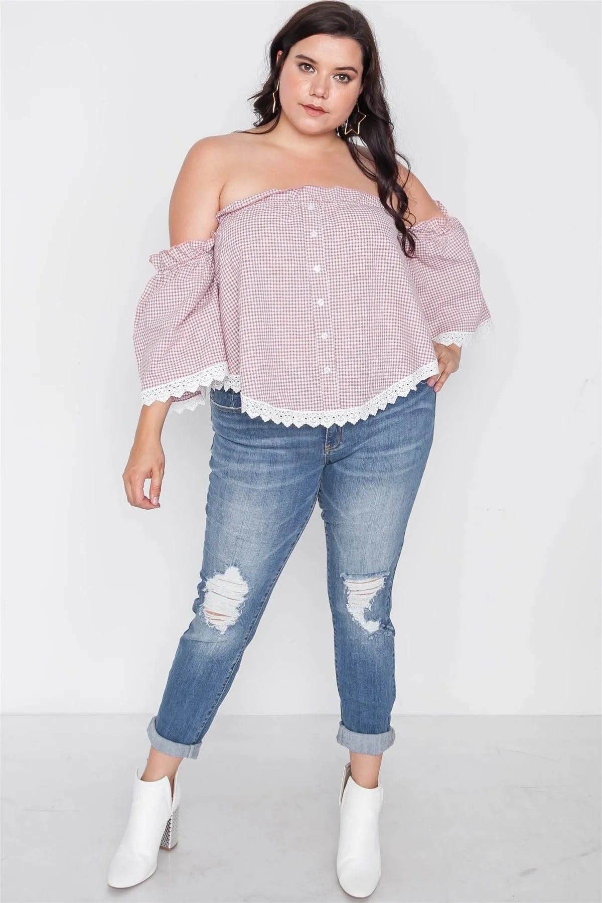 Plus Size Red Gingham Off-The-Shoulder Top /2-1-1 - Tasha Apparel Wholesale