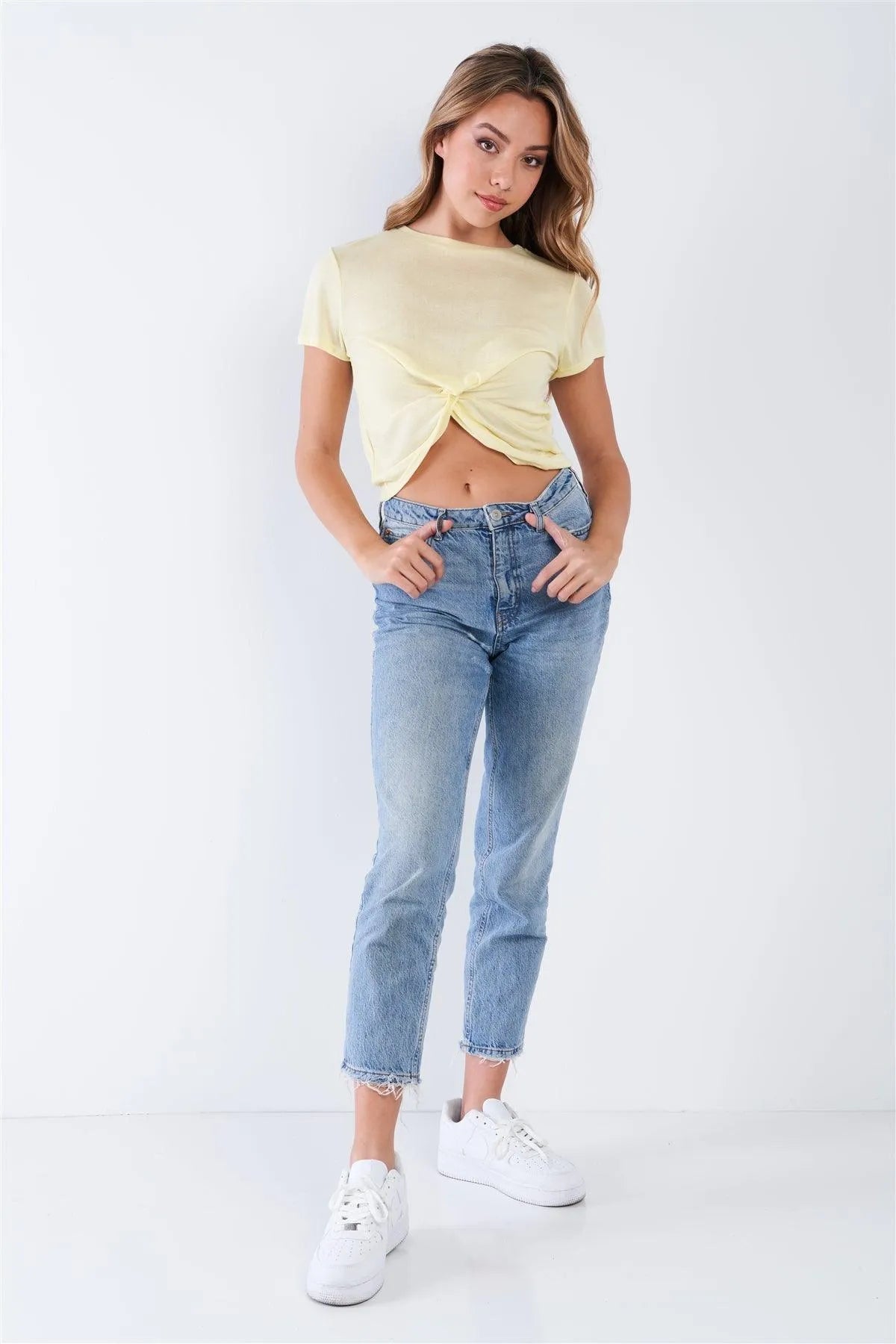 Yellow Round Neck Short Sleeve Twist Front Cropped Top /3-2-1 - Tasha Apparel Wholesale