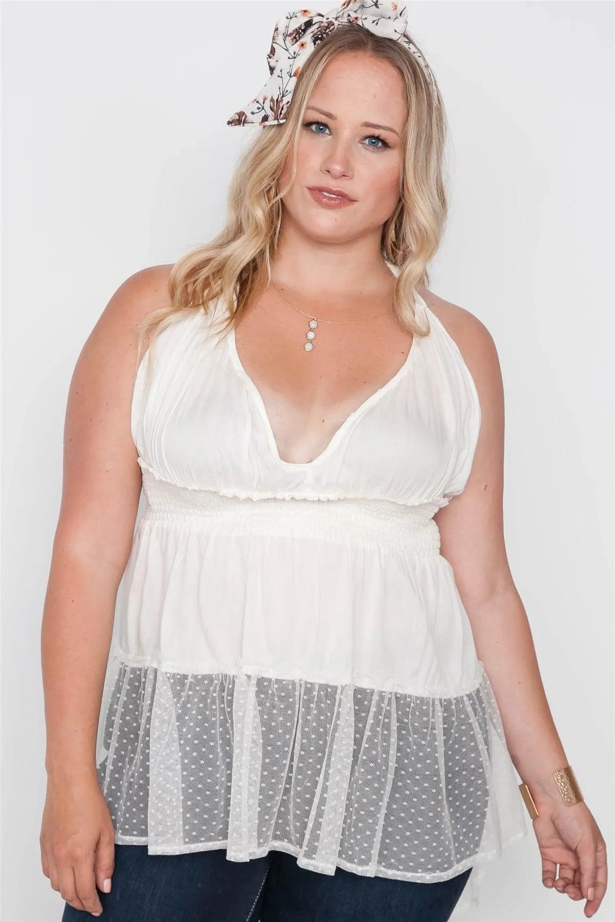 Plus Size Ivory Smocked Combo Mesh Top /1-1-1 - Tasha Apparel Wholesale