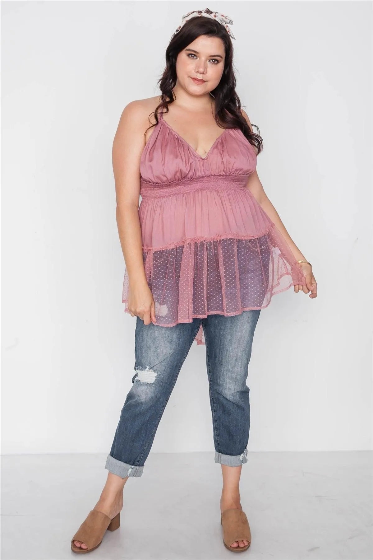 Plus Size Rose Smocked Combo Mesh Top /2-2-2 - Tasha Apparel Wholesale