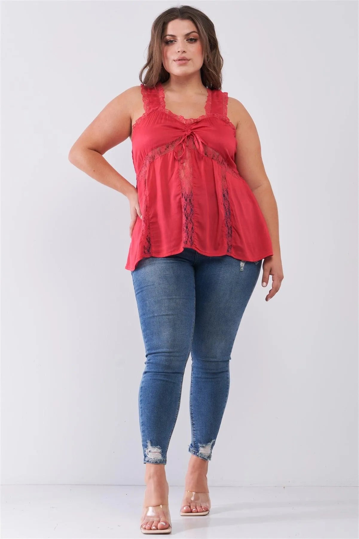 Junior Plus Fuchsia Lace Trim Sleeveless Gathered Front With Self-Tie Drawstring Top /2-2-2 - Tasha Apparel Wholesale