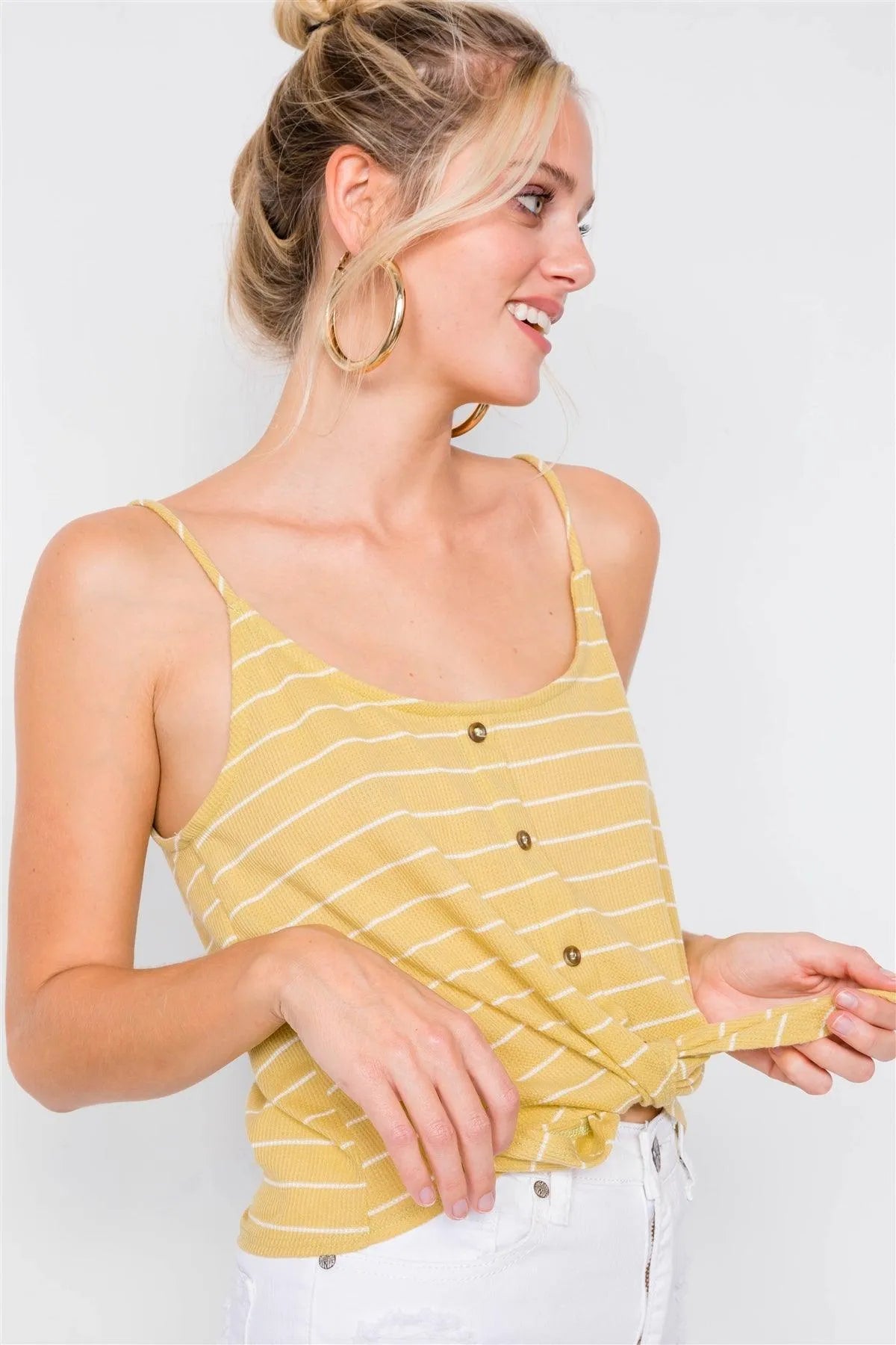 Lime & Ivory Stripe Front Knot Button Down Crop Tank Top /1-1-2 - Tasha Apparel Wholesale