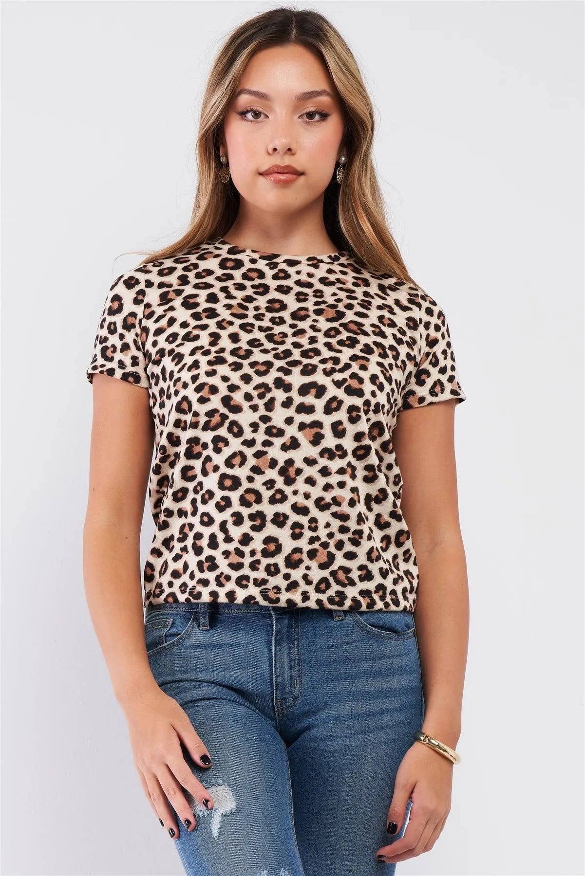 Cream Brown Leopard Print Crew Neck Short Sleeve Basic T-Shirt /2-2-1 - Tasha Apparel Wholesale