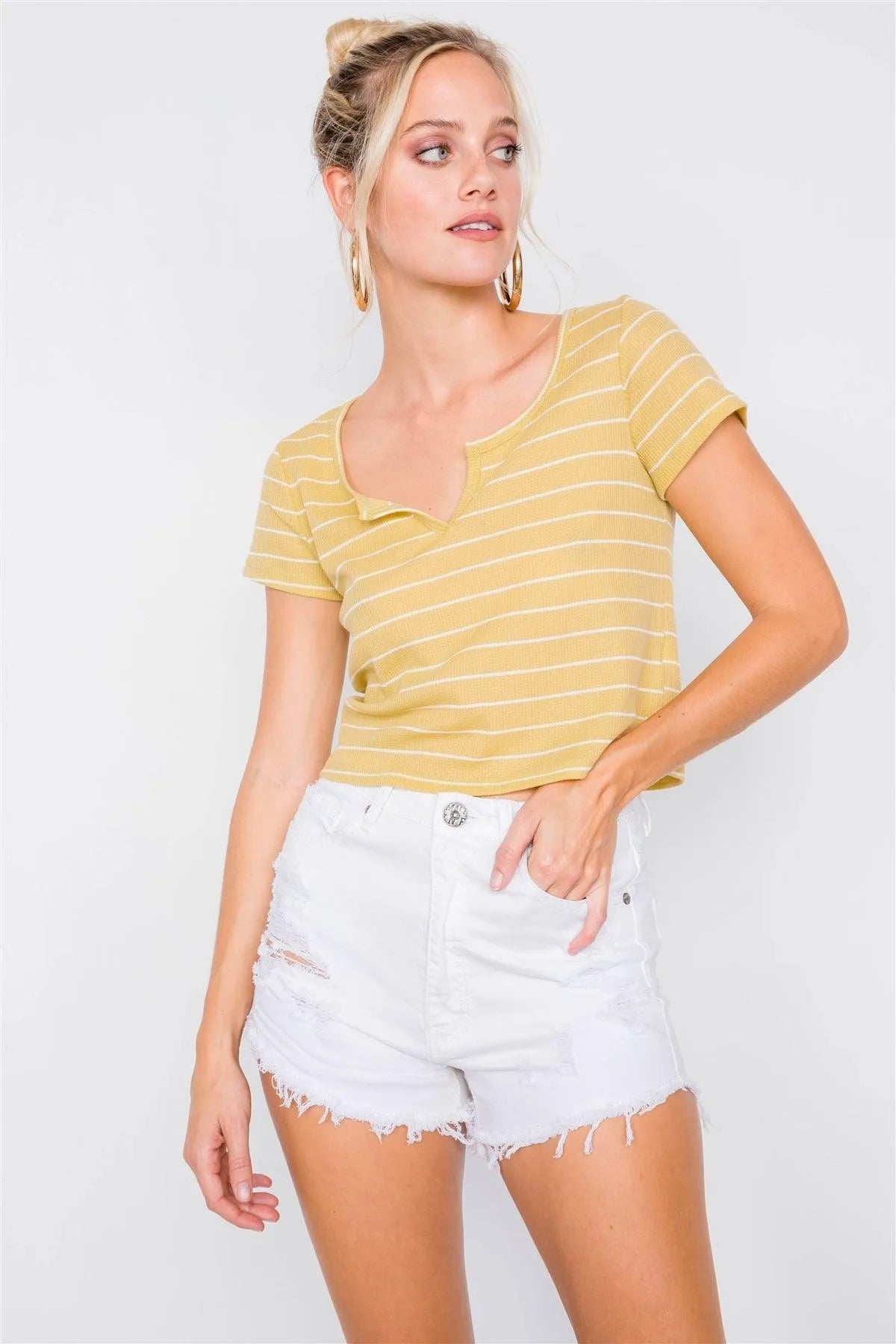 Lime & Ivory Stripe Cut Out V-Neck Short Sleeve Casual Crop Top /1-2-1 - Tasha Apparel Wholesale