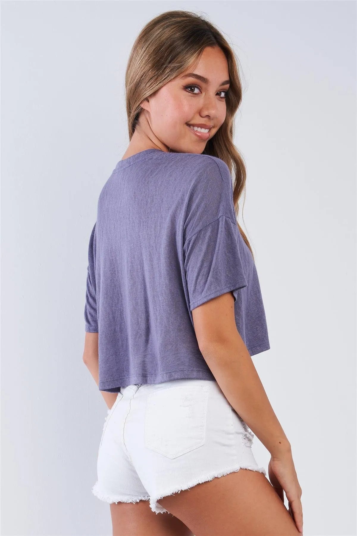 Deep Blue Sky Loose Fit Cropped Short Sleeve Top - Tasha Apparel Wholesale