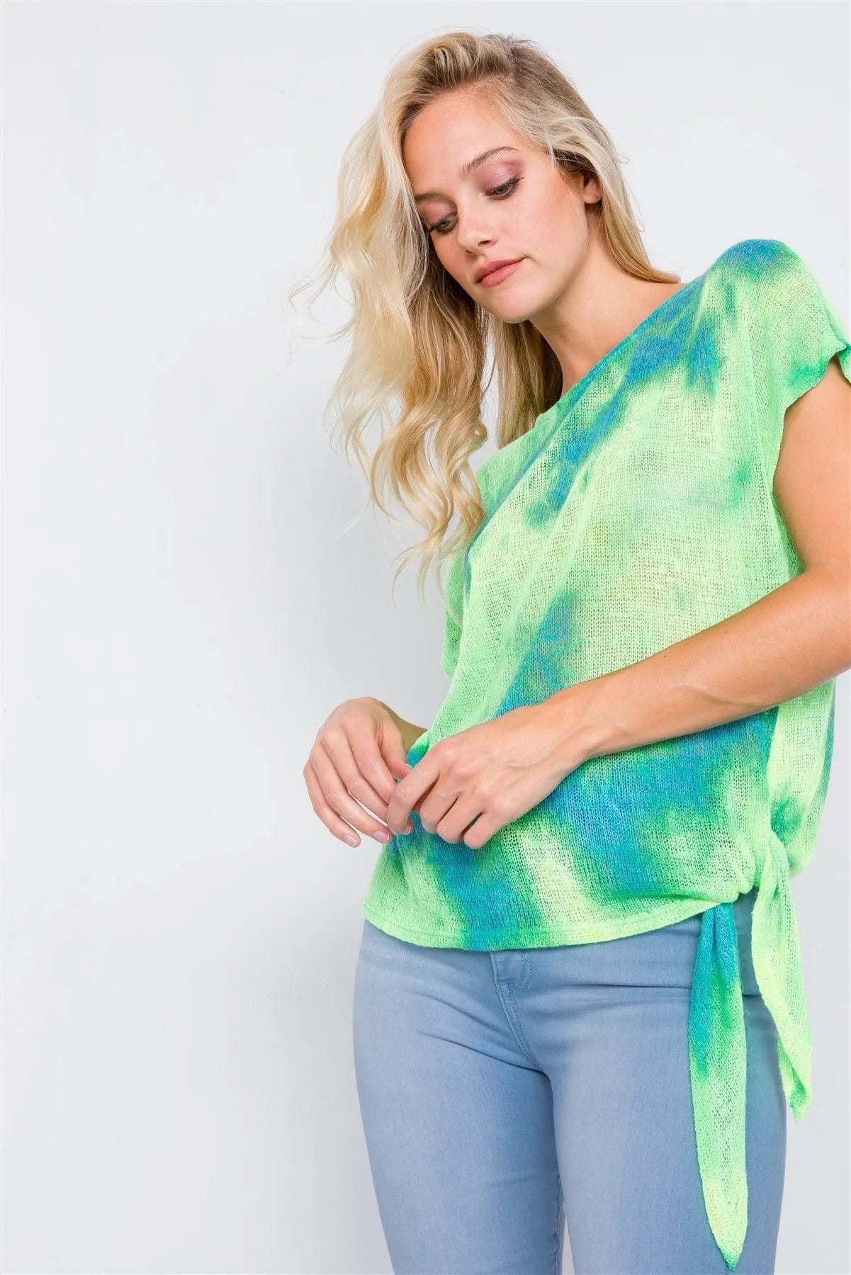 Neon Green & Blue Tie Dye Sheer Knit Side Knot Sporty Top /2-2-2 - Tasha Apparel Wholesale