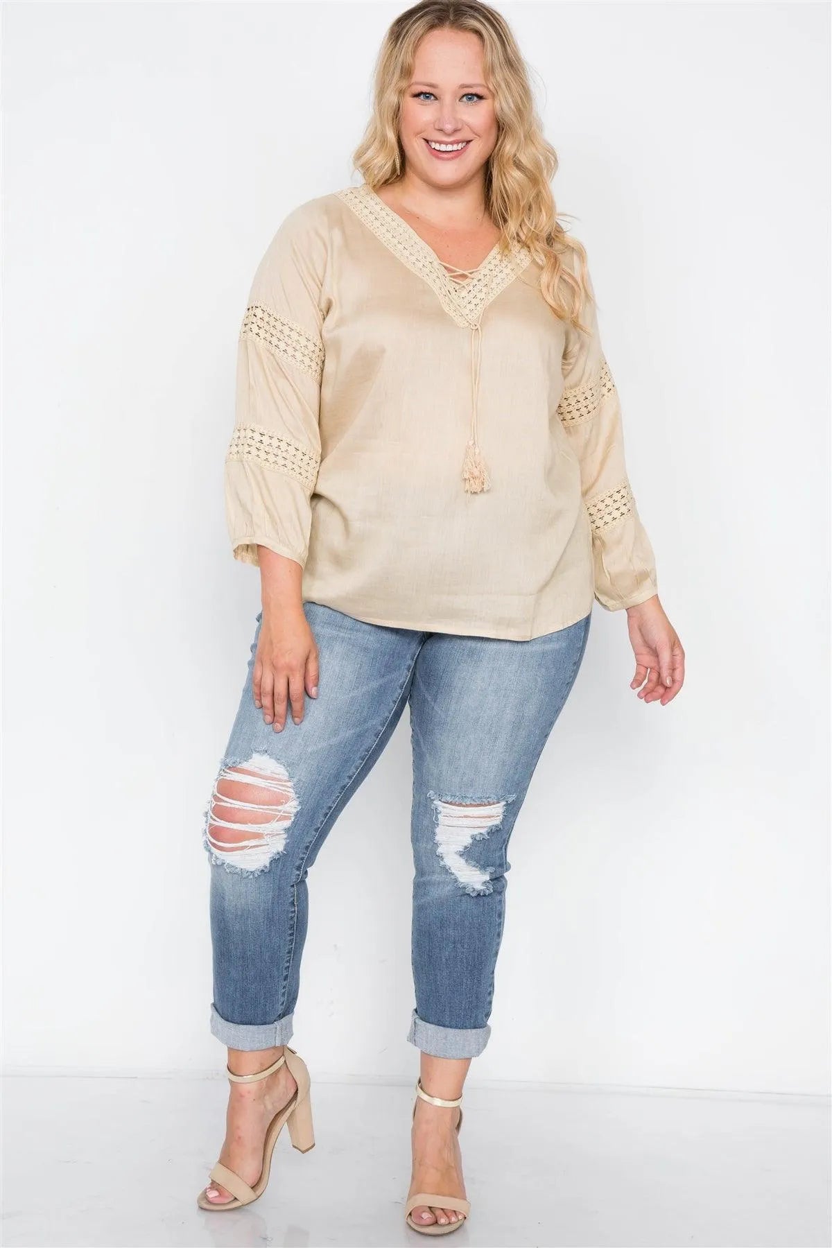 Plus Size Almond Crochet Trim V-Neck Boho Top /2-2-2 - Tasha Apparel Wholesale