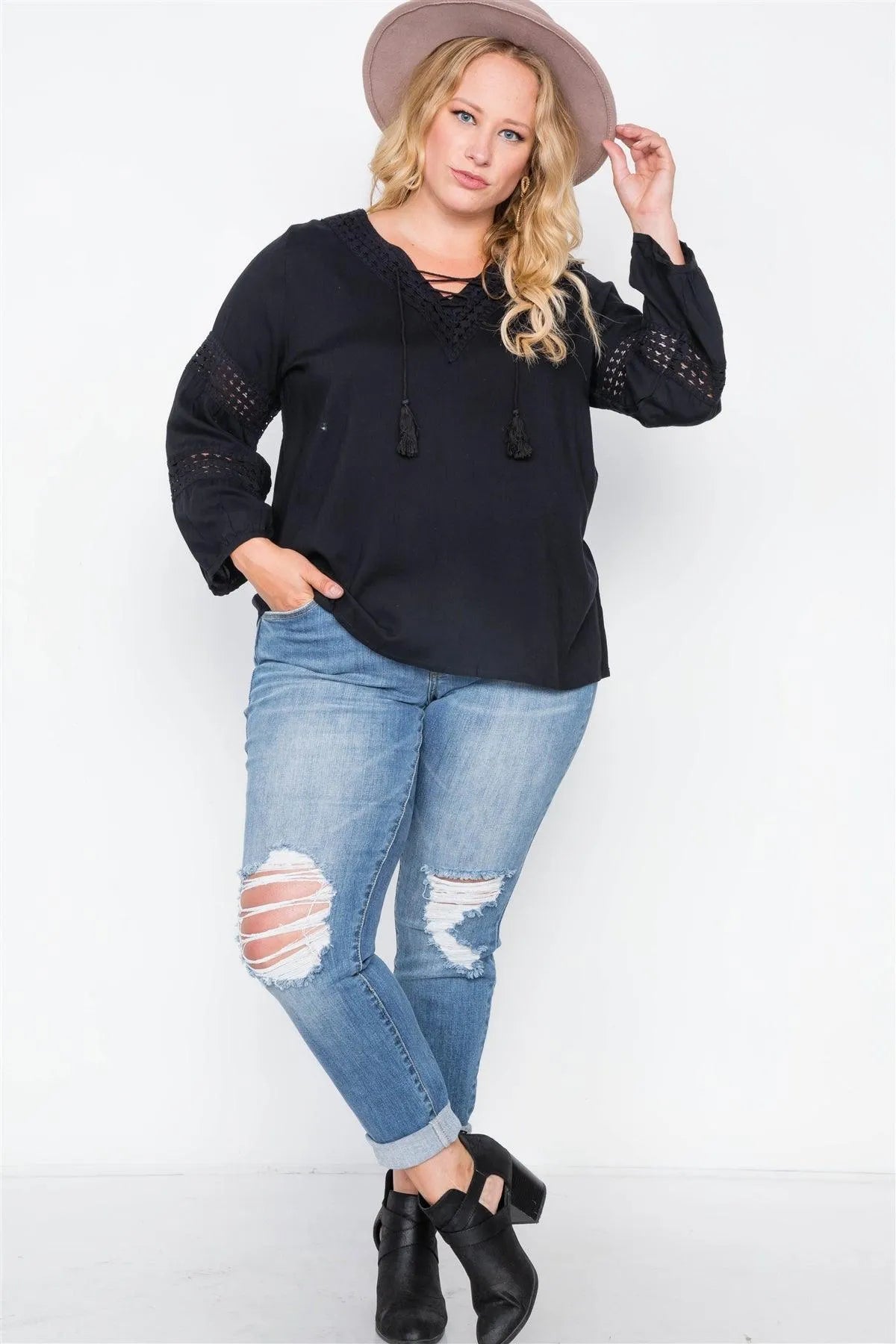 Plus Size Black Crochet Trim V-Neck Boho Top - Tasha Apparel Wholesale