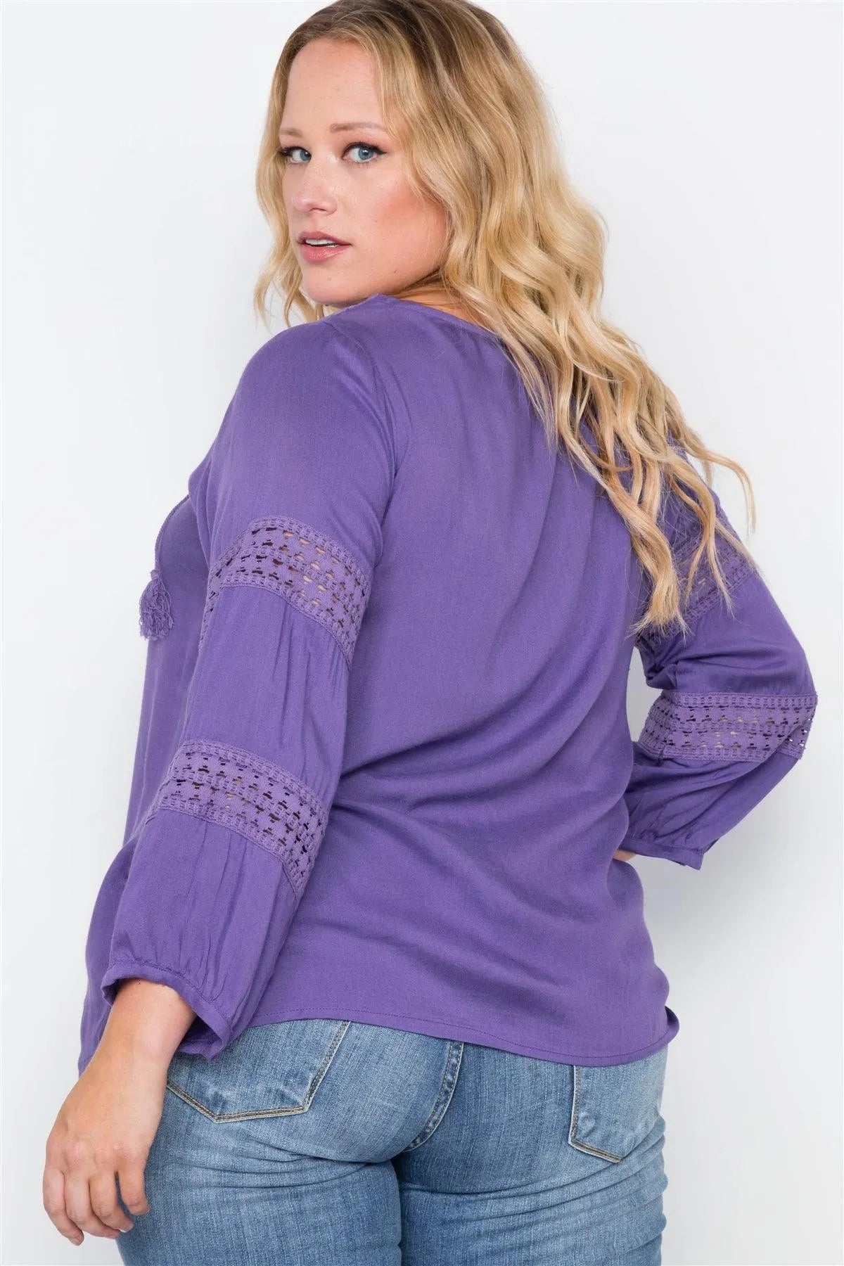 Junior Plus Size Violet Crochet Trim V-Neck Boho Top /1-2-2 - Tasha Apparel Wholesale