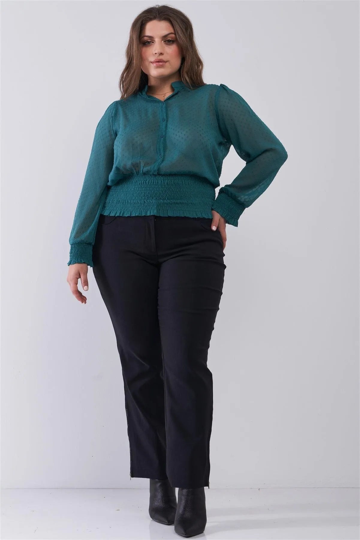 Junior Plus Size Quetzal Green Mesh Polka Dot Balloon Sleeve Button-Down Smock Detail Blouse Top /2-2-2 - Tasha Apparel Wholesale