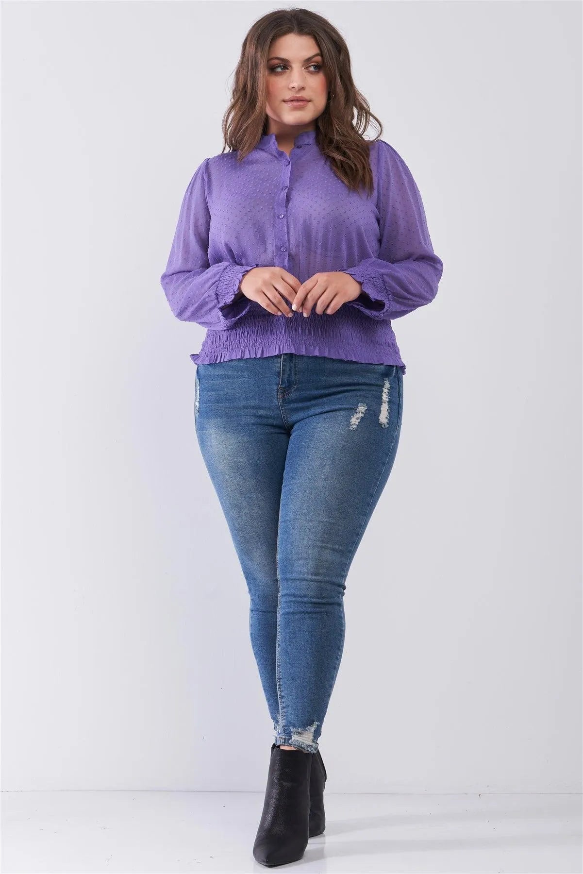 Junior Plus Size Violet Mesh Polka Dot Balloon Sleeve Button-Down Smock Detail Blouse Top /1-3-2 - Tasha Apparel Wholesale
