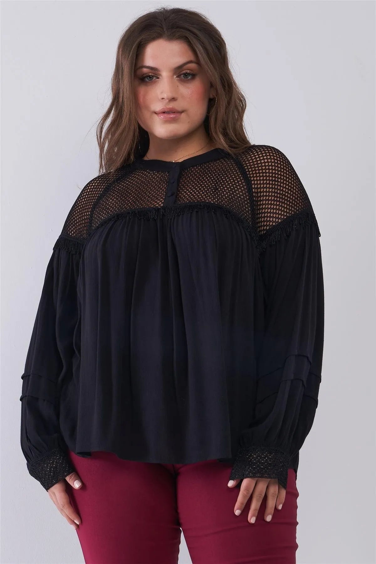 Junior Plus Size Black Boho Sheer Net Mesh Balloon Sleeve Detail Relaxed Top /2-2 - Tasha Apparel Wholesale