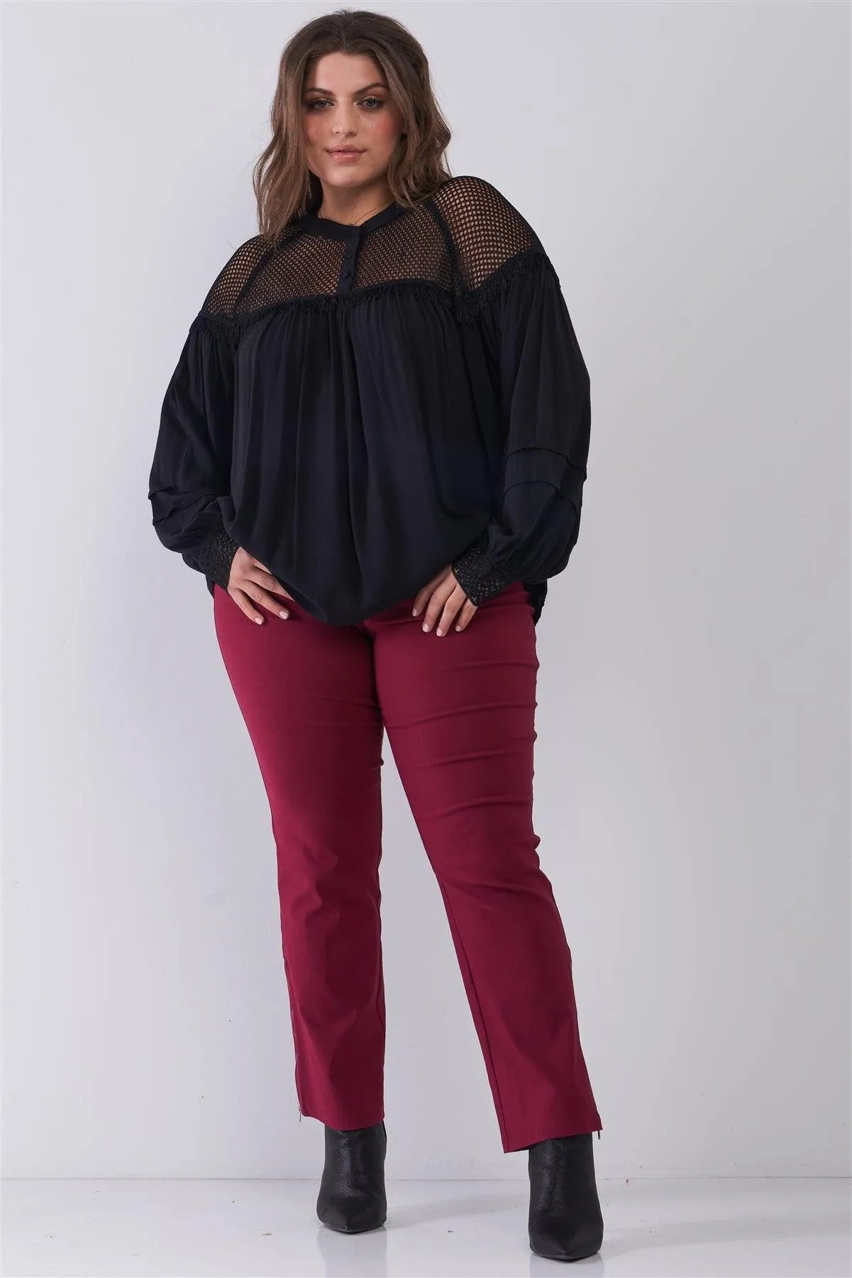 Junior Plus Size Black Boho Sheer Net Mesh Balloon Sleeve Detail Relaxed Top /2-2-2 - Tasha Apparel Wholesale