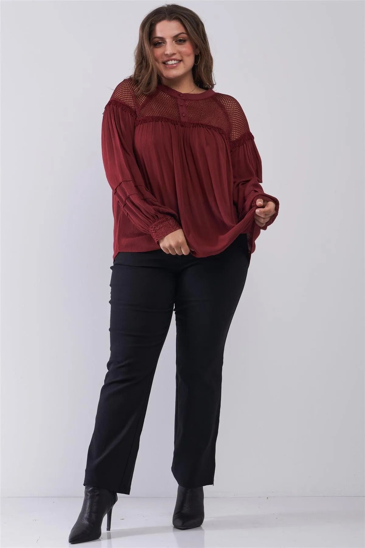 Junior Plus Size Burgundy Boho Sheer Net Mesh Balloon Sleeve Detail Relaxed Top - Tasha Apparel Wholesale