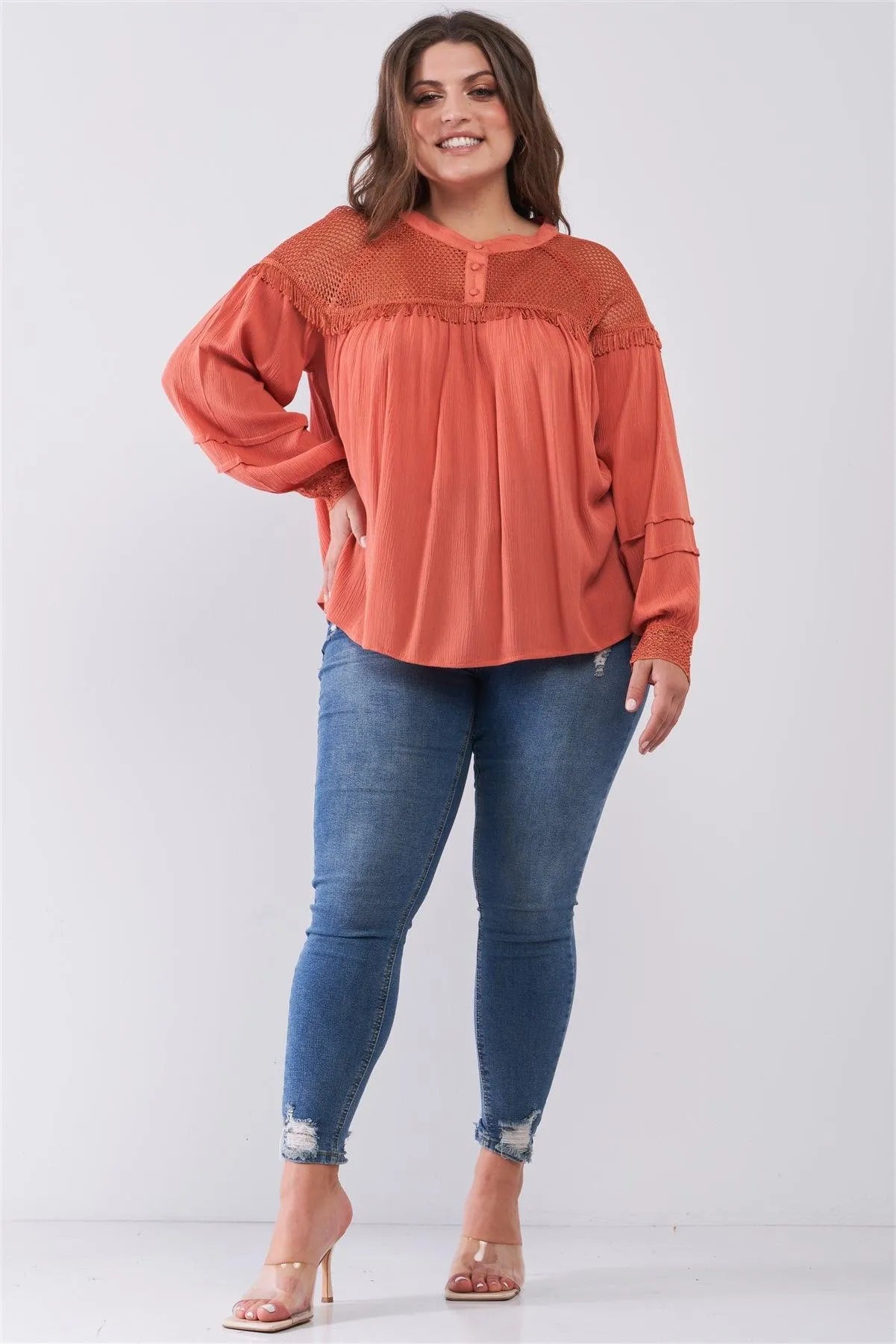 Junior Plus Size Mango Boho Sheer Net Mesh Balloon Sleeve Detail Relaxed Top /2-2-2 - Tasha Apparel Wholesale
