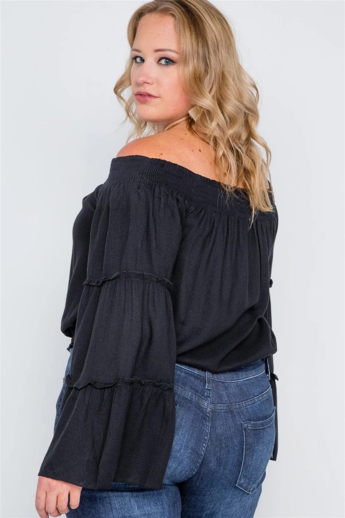 Plus Size Black Off-The-Shoulders Bell Sleeve Top - Tasha Apparel Wholesale