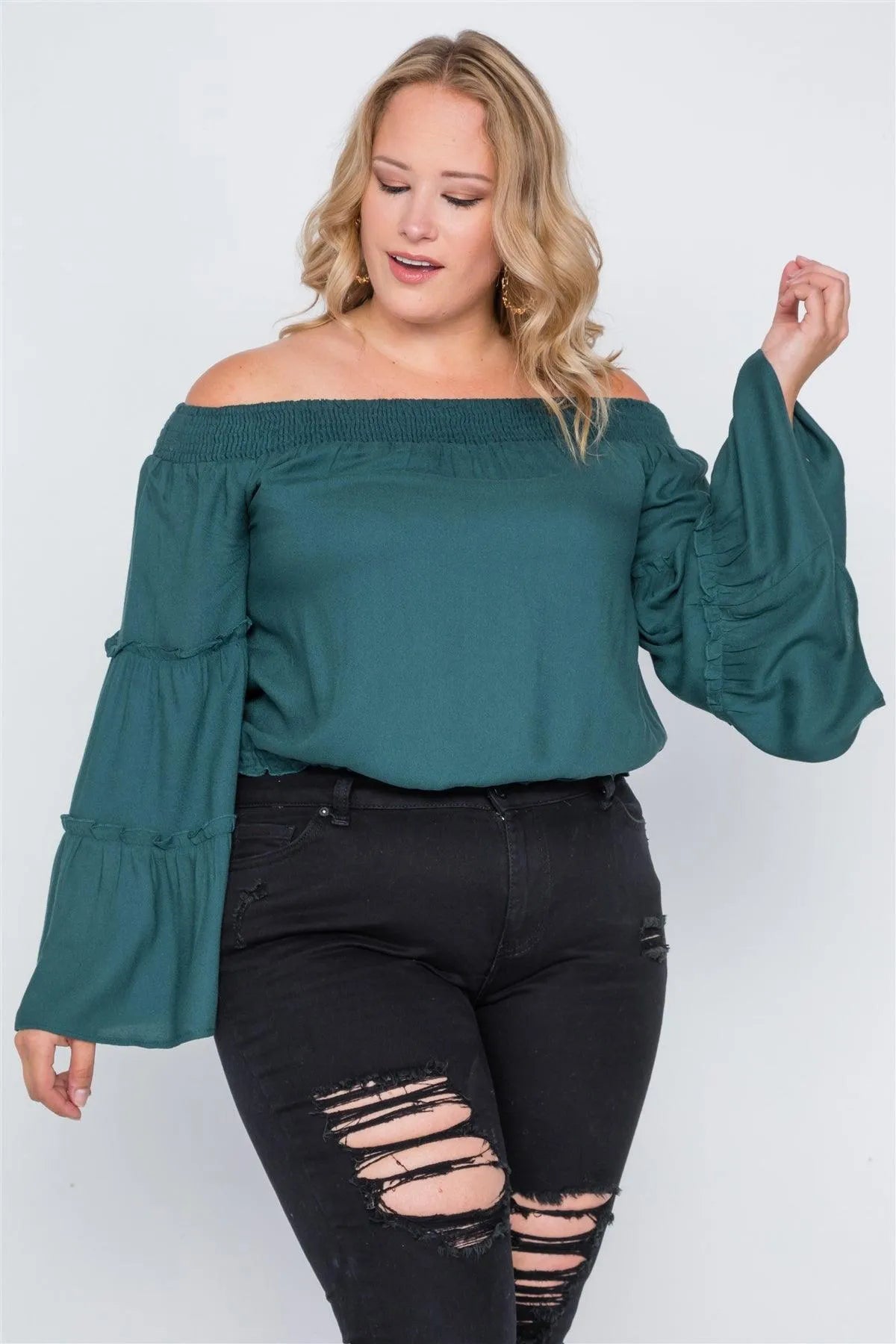 Plus Size Teal Off-The-Shoulders Bell Sleeve Top /2-2-2 - Tasha Apparel Wholesale
