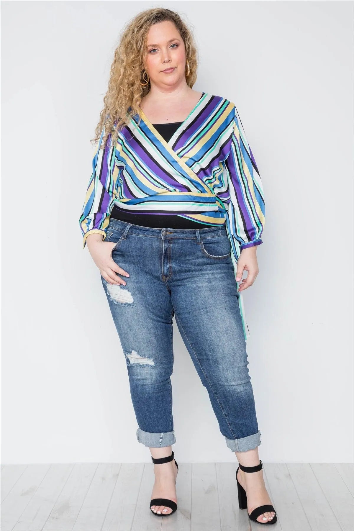 Plus Size Multi Blue Stripe Cover Up Blouse Top /2-2-2 - Tasha Apparel Wholesale