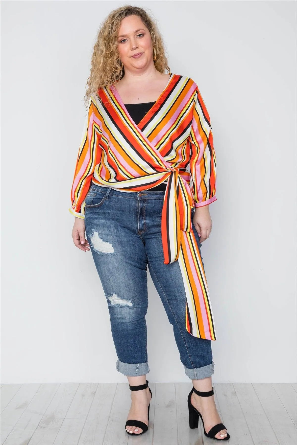 Plus Size Multi Orange Stripe Wrap Blouse Top /2-2-2 - Tasha Apparel Wholesale