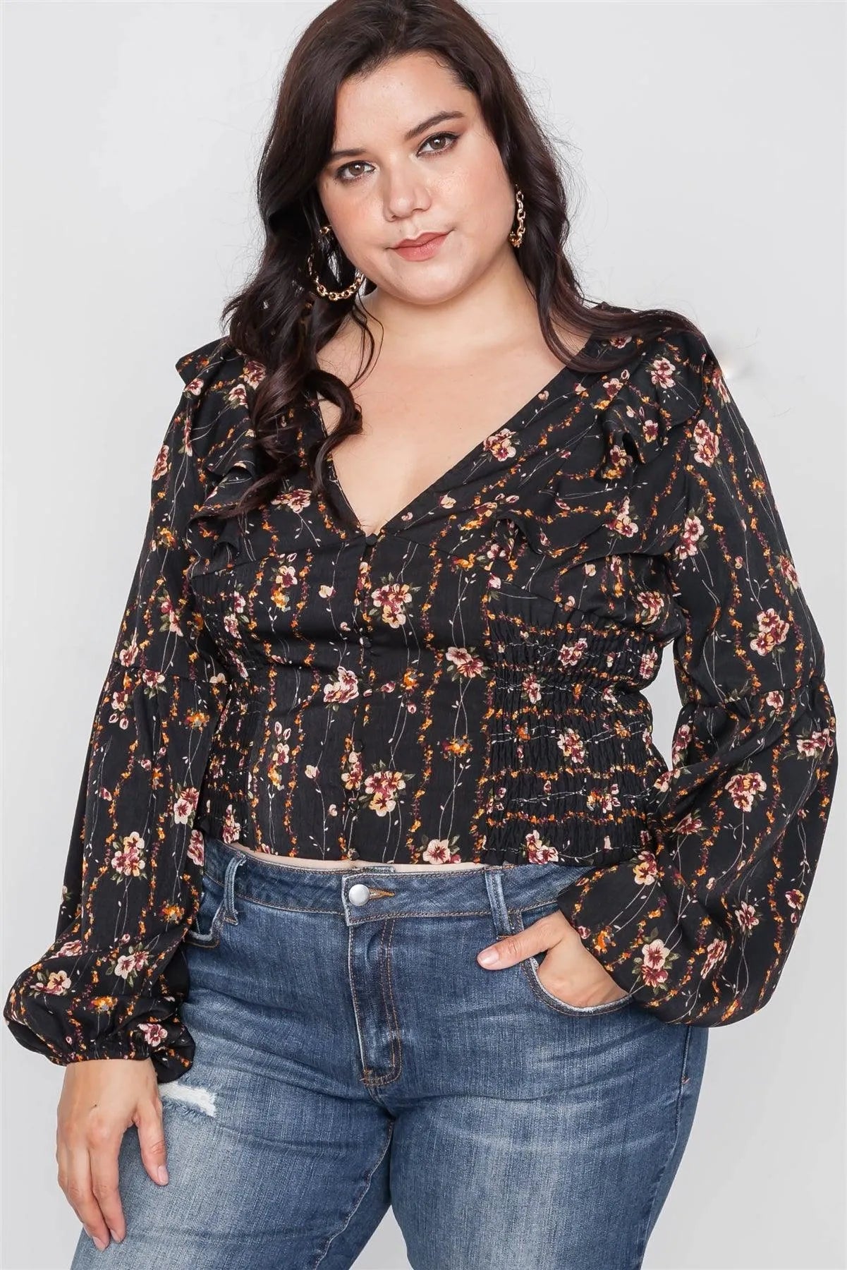 Plus Size Black Floral V-Neck Ruffle Long Sleeve Top /1-2-2 - Tasha Apparel Wholesale
