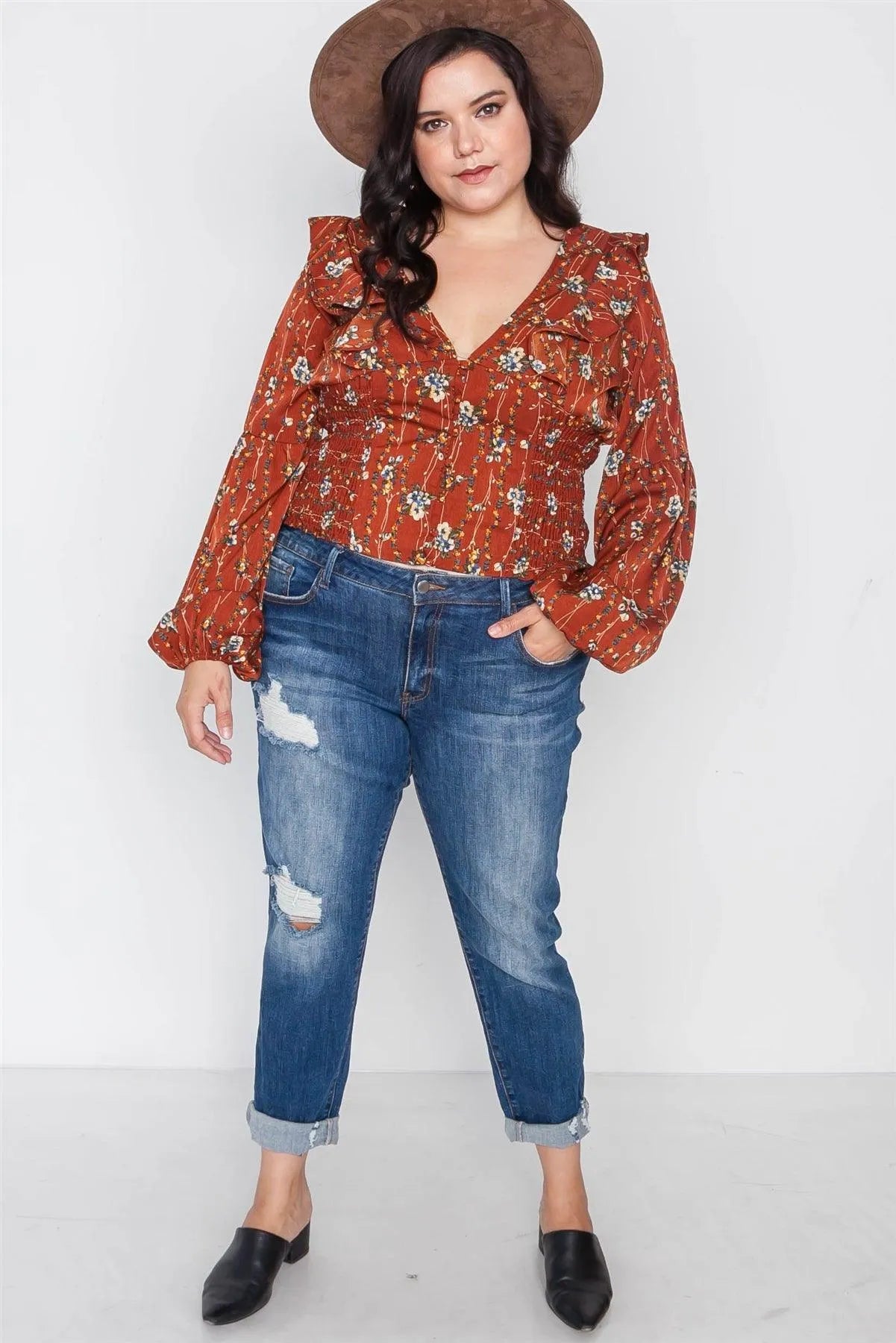 Plus Size Rust Floral V-Neck Ruffle Long Sleeve Top /2-1-1 - Tasha Apparel Wholesale