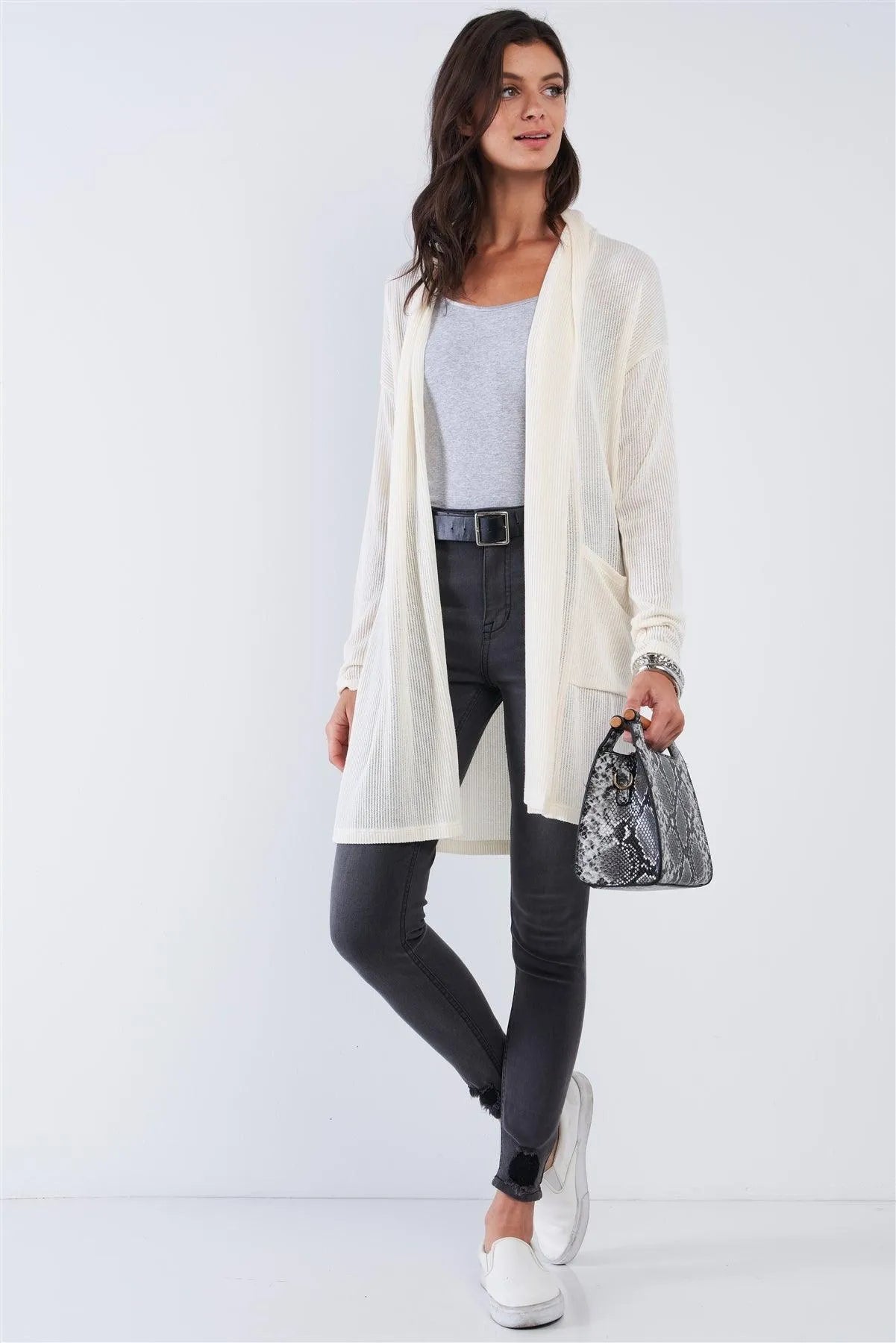 Ivory Open Front Pleated Collar Ribbed Long Sleeve Cardigan With Large Square Pockets - Tasha Apparel Wholesale