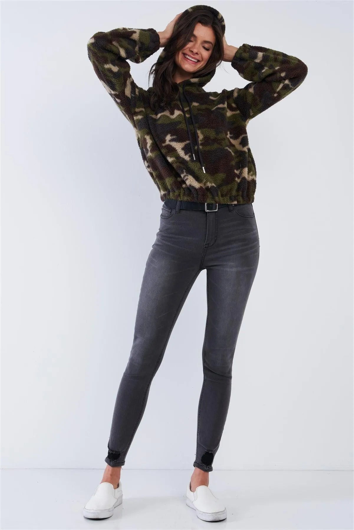 Olive Green Camo Print Plush Relaxed Fit Long Sleeve Draw String Tie Hoodie Sweater /3-2-1 - Tasha Apparel Wholesale