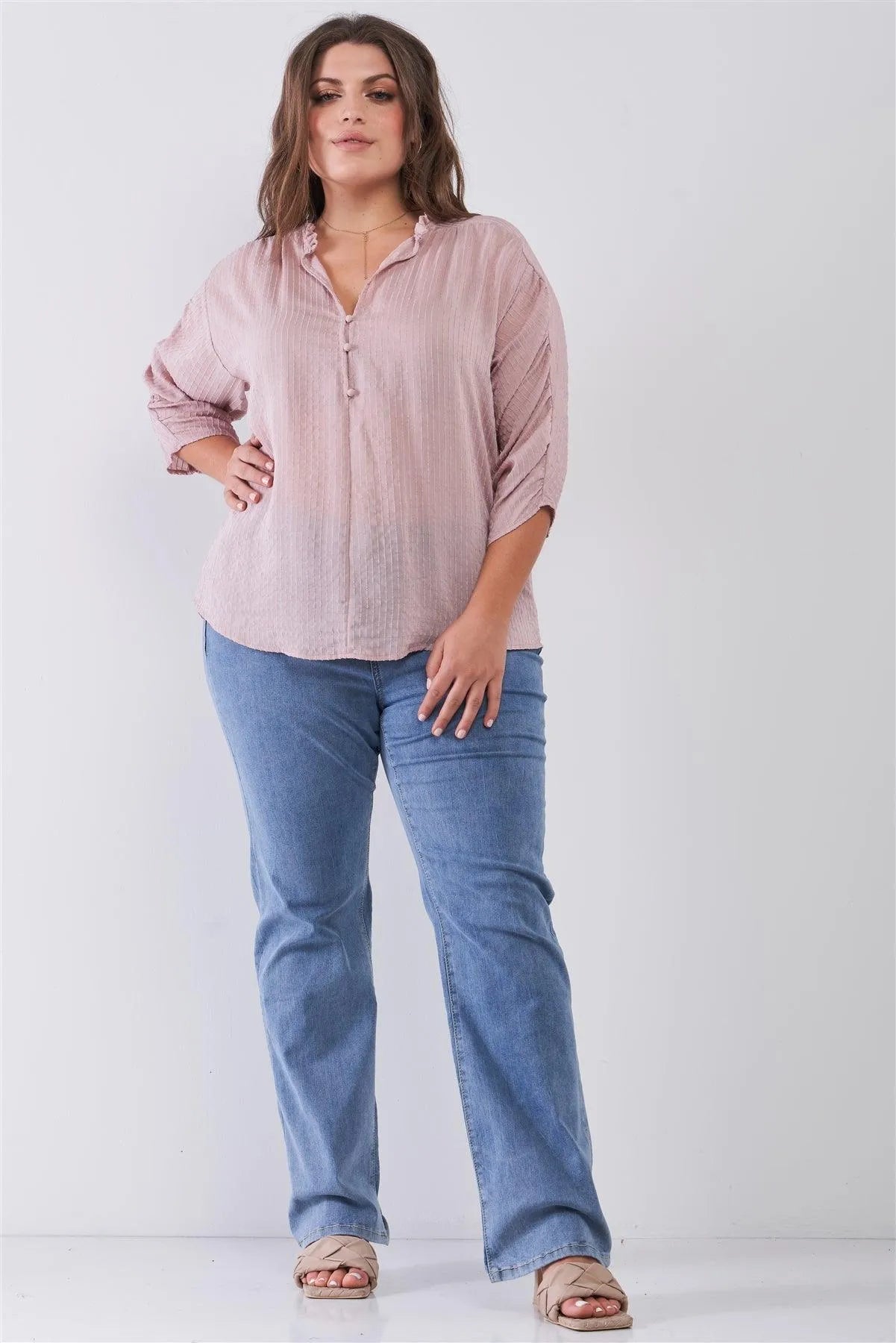 Junior Plus Pink Striped Frill Neck Gathered Sleeve Detail Button-Down Relaxed Boho Top /2-2-2 - Tasha Apparel Wholesale