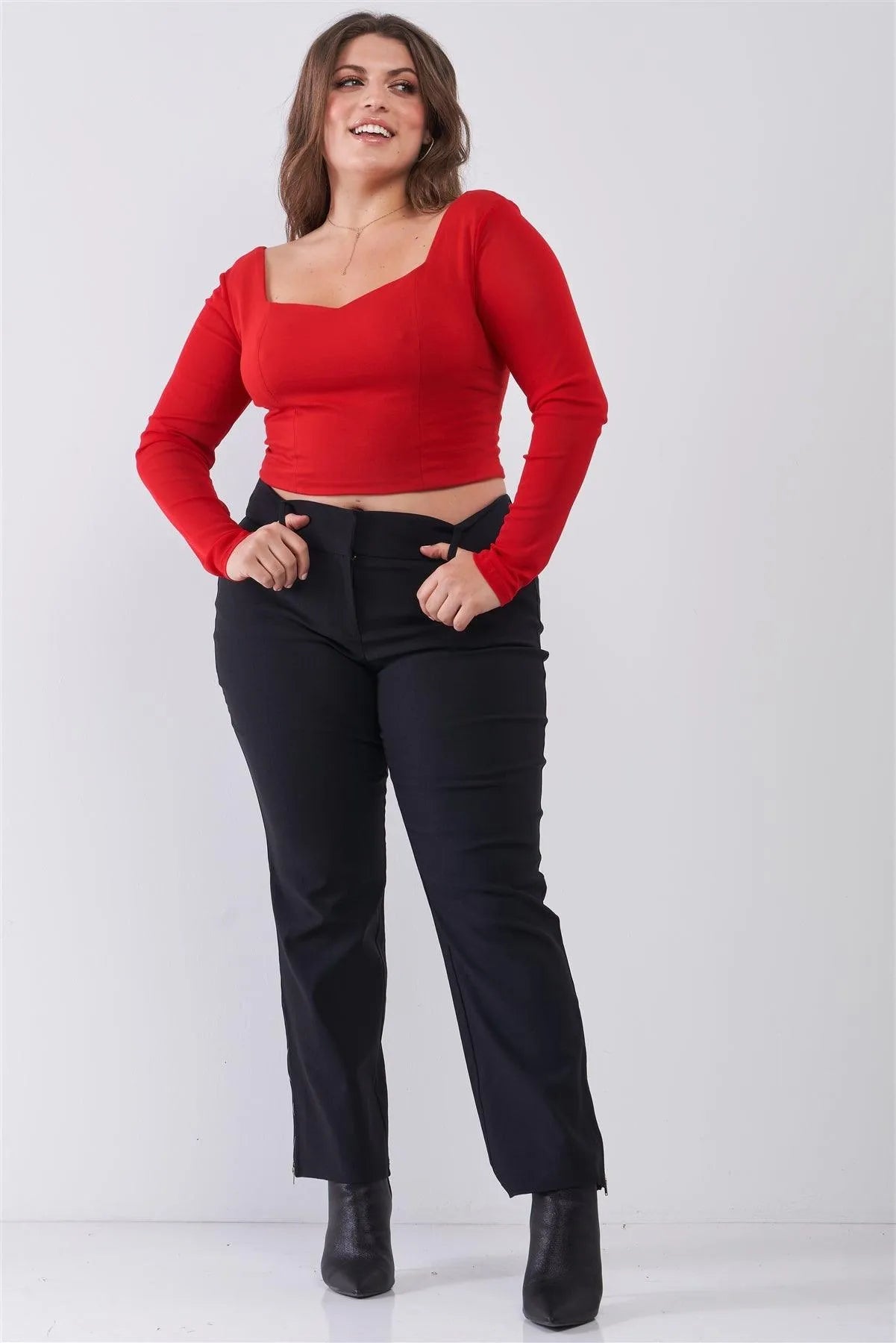 Junior Plus Size Crimson Red Long Mesh Sleeve Sweetheart Neck Detail Structured Crop Top /2-2-2 - Tasha Apparel Wholesale