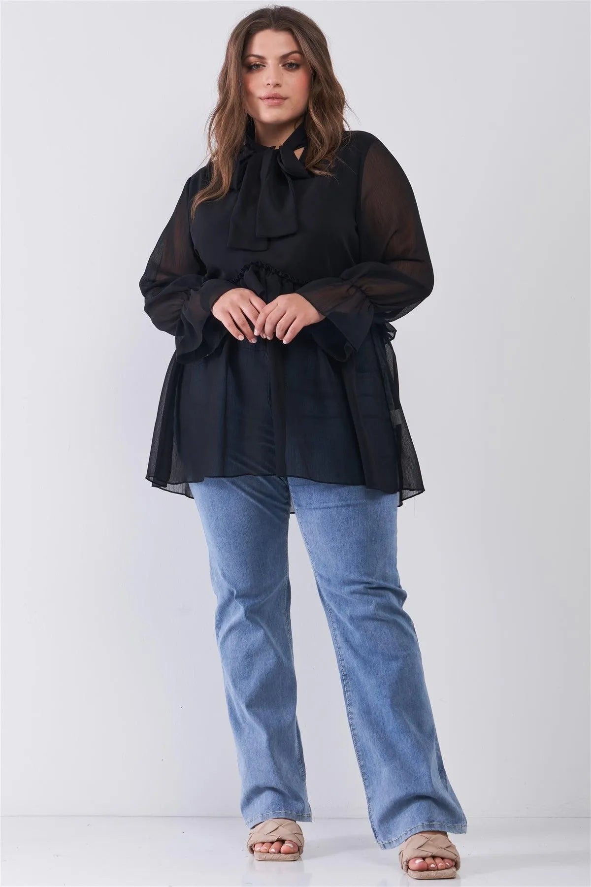 Junior Plus Black Balloon Sleeve Flare Cuff V-Neck With Self-Tie Necktie Detail Frill Detail Blouse Top /2-2-2 - Tasha Apparel Wholesale