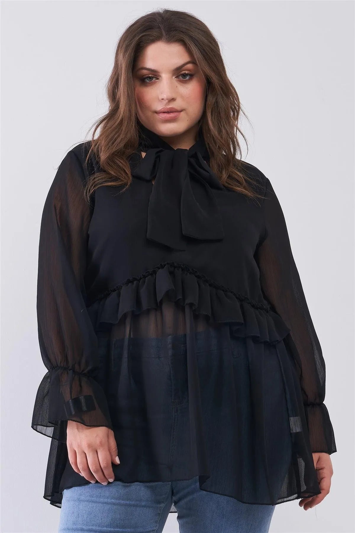 Junior Plus Black Balloon Sleeve Flare Cuff V-Neck With Self-Tie Necktie Detail Frill Detail Blouse Top /1-2-3 - Tasha Apparel Wholesale
