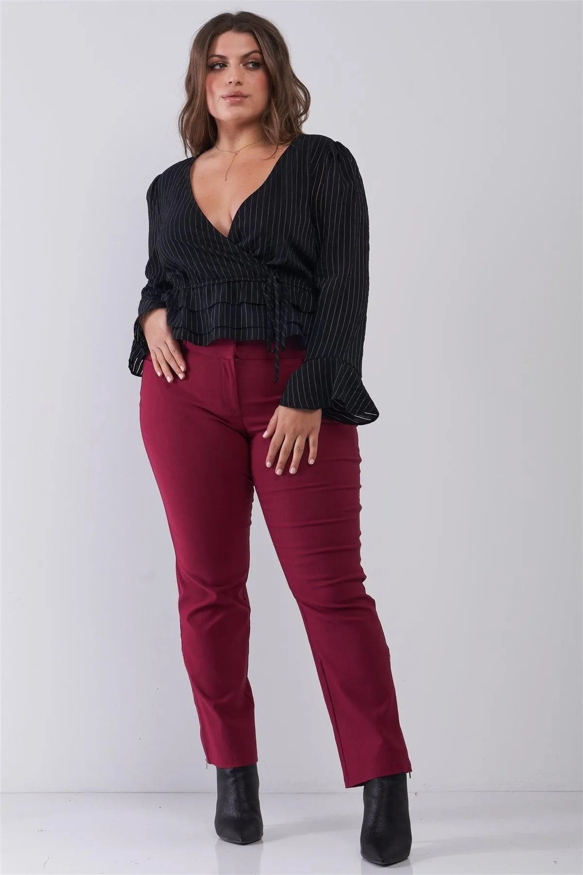 Junior Plus Size Black Sheer Pinstripe Plunging Wrap V-Neck Layered Hem Crop Top /2-2-2 - Tasha Apparel Wholesale