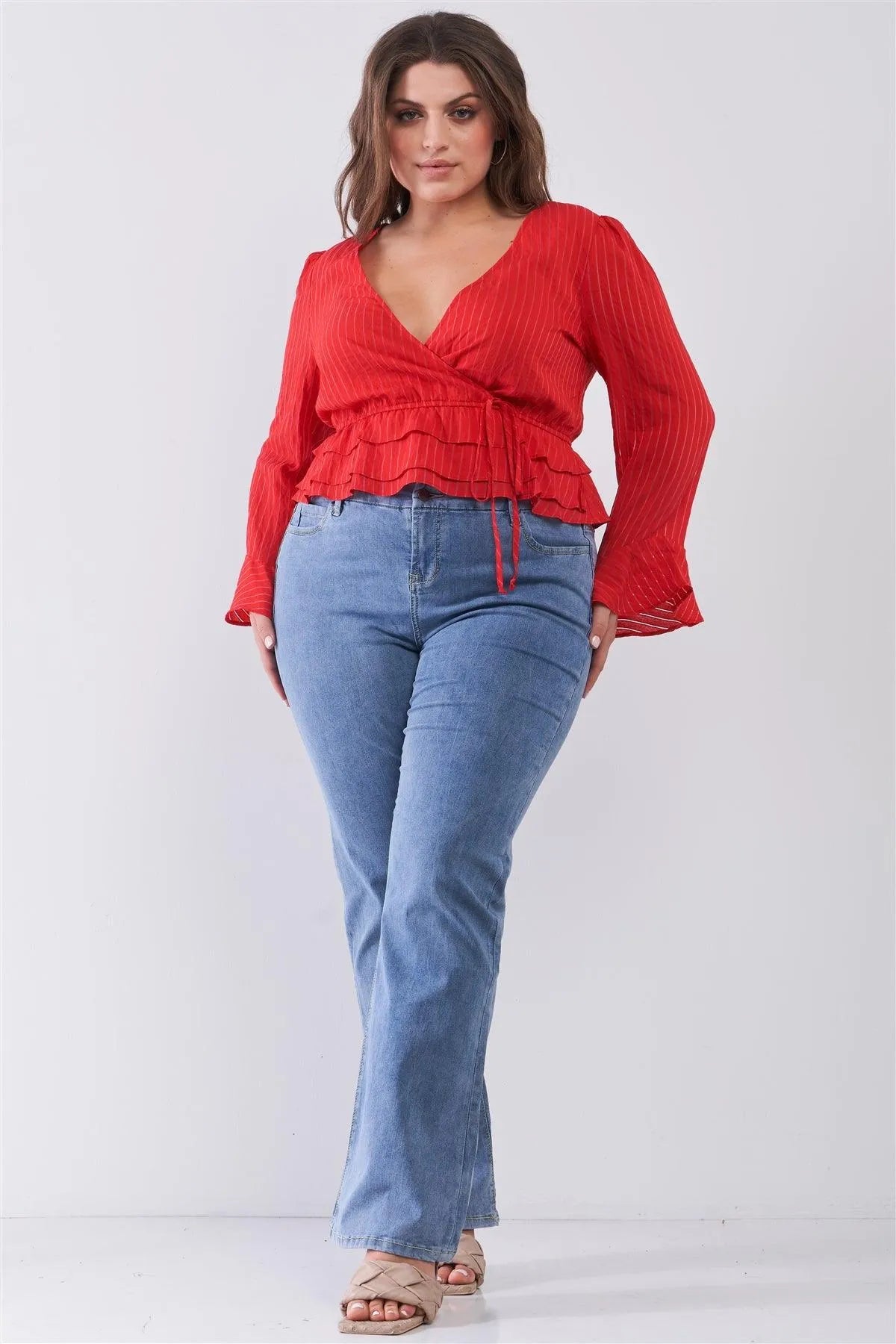 Junior Plus Size Red Sheer Pinstripe Plunging Wrap V-Neck Layered Hem Crop Top /2-2-2 - Tasha Apparel Wholesale