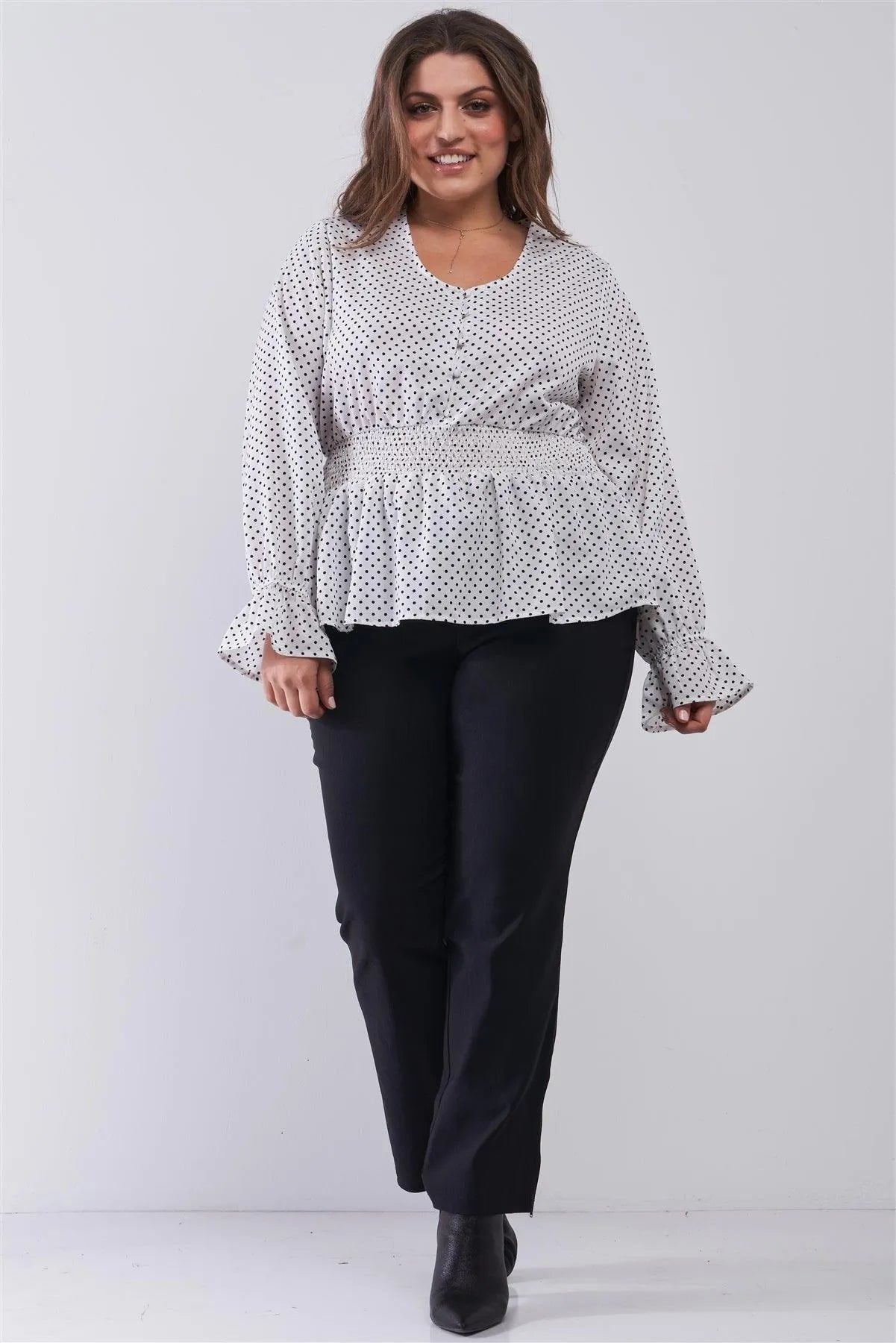 Junior Plus Size White & Black Polka Dot Print Balloon Sleeve Button-Down Smock Waist Detail Flare Hem Blouse Top /2-2-2 - Tasha Apparel Wholesale