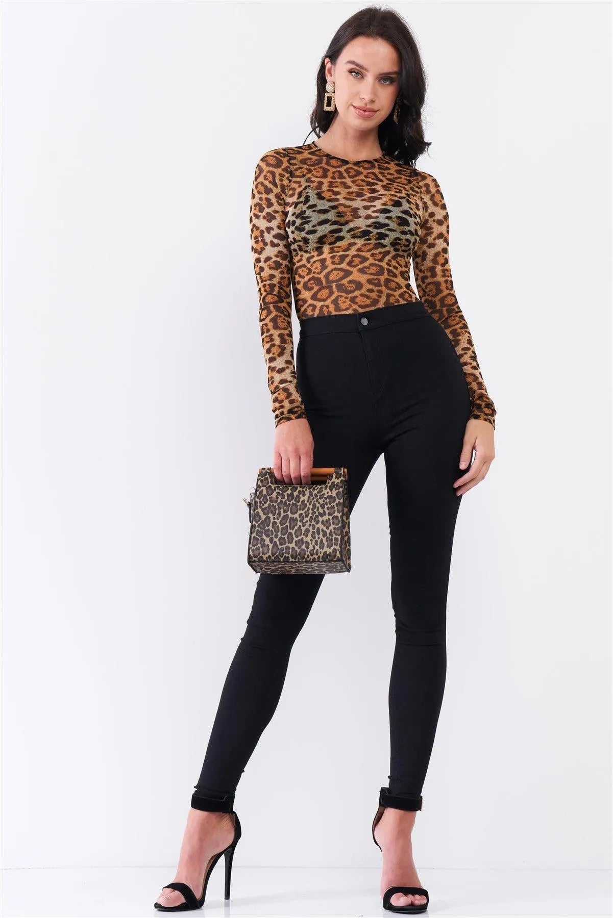 Brown Leopard Print Sheer Mesh Crew Neck Long Sleeve Bodysuit /3-2-1 - Tasha Apparel Wholesale