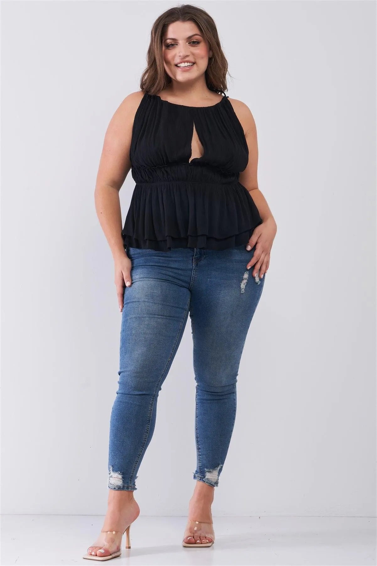 Junior Plus Black Round Neck Sleeveless Front Keyhole Elasticated Waistline Flare Hem Top /1-2-2 - Tasha Apparel Wholesale