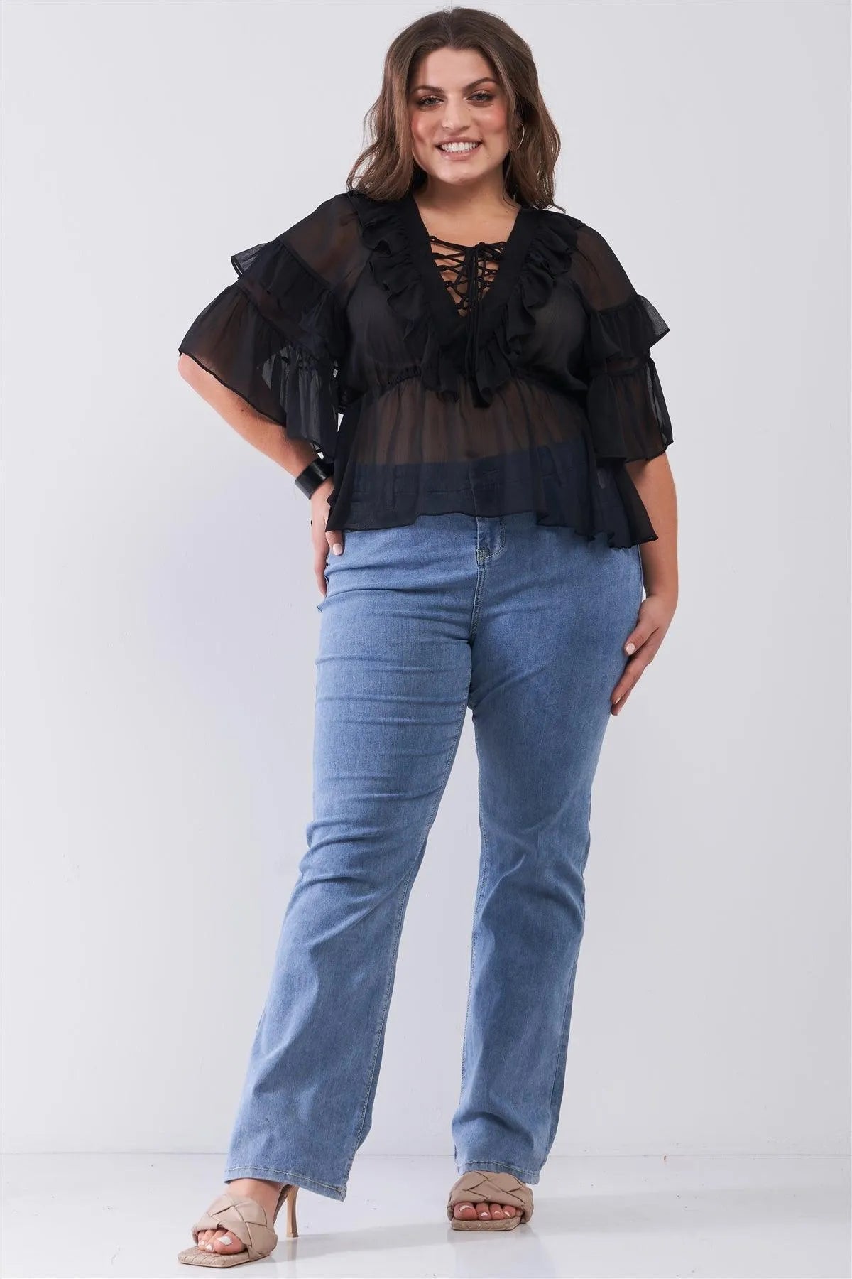Junior Plus Black Sheer Mesh Ruffle Lace-Up V-Neck Detail Wide Sleeve Relaxed Top /2-2-2 - Tasha Apparel Wholesale
