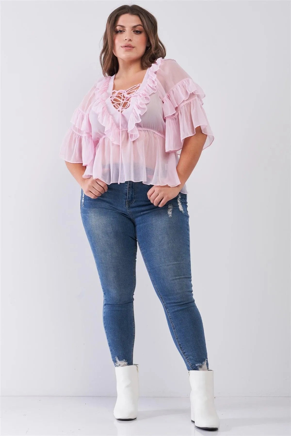 Junior Plus Rose Sheer Mesh Ruffle Lace-Up V-Neck Detail Wide Sleeve Relaxed Top /2-2-2 - Tasha Apparel Wholesale