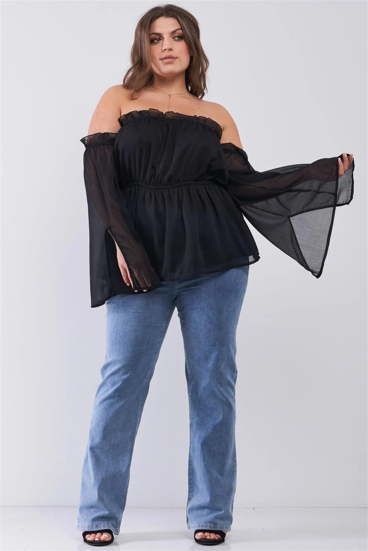Junior Plus Black Off-The-Shoulder Long Bell Sleeve With Split Frill Trim Elasticated Waist Top /1-2-2 - Tasha Apparel Wholesale