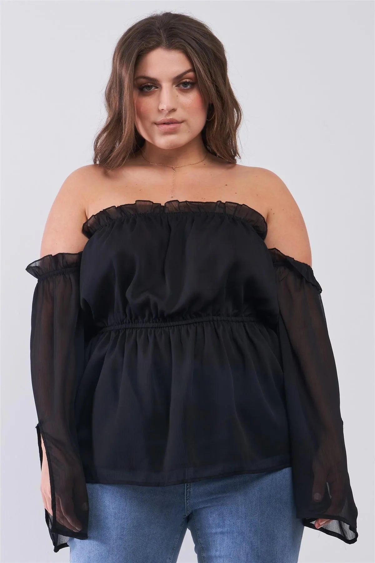Junior Plus Black Off-The-Shoulder Long Bell Sleeve With Split Frill Trim Elasticated Waist Top /2-2-2 - Tasha Apparel Wholesale