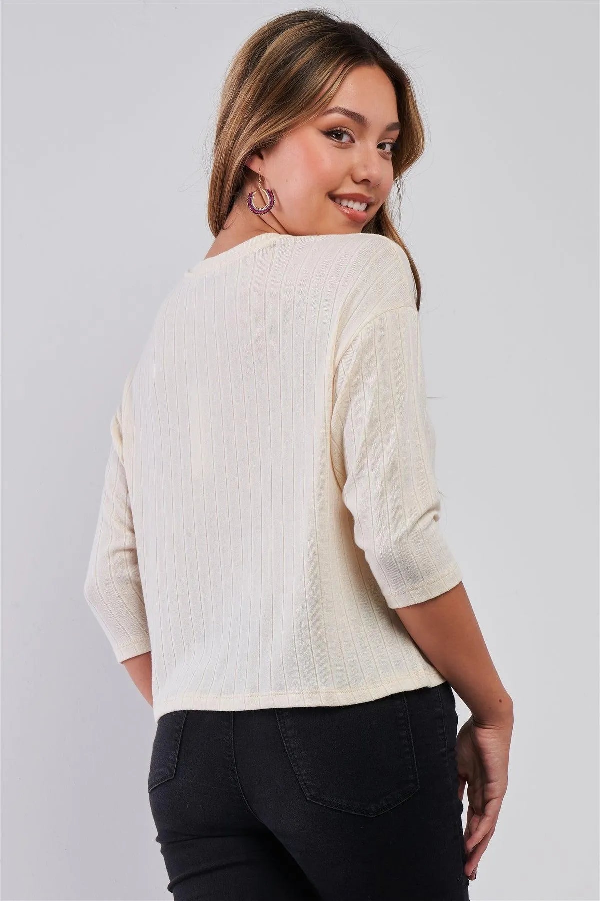 Cream Midi Sleeve Crew Neck Knit Sweater /2-2-2 - Tasha Apparel Wholesale