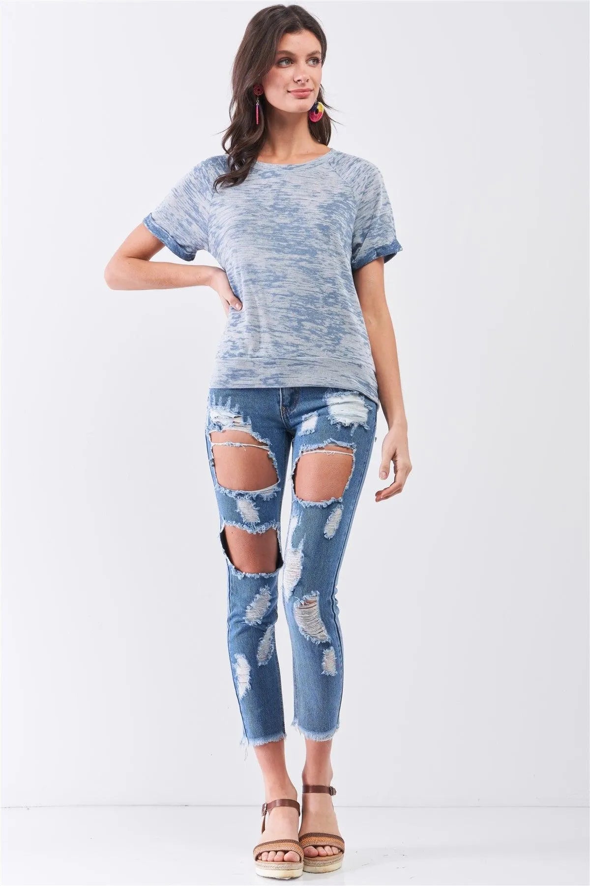 Blue Short Folded Sleeve Round Neck Relaxed Fit T-Shirt Top /1-2-1 - Tasha Apparel Wholesale