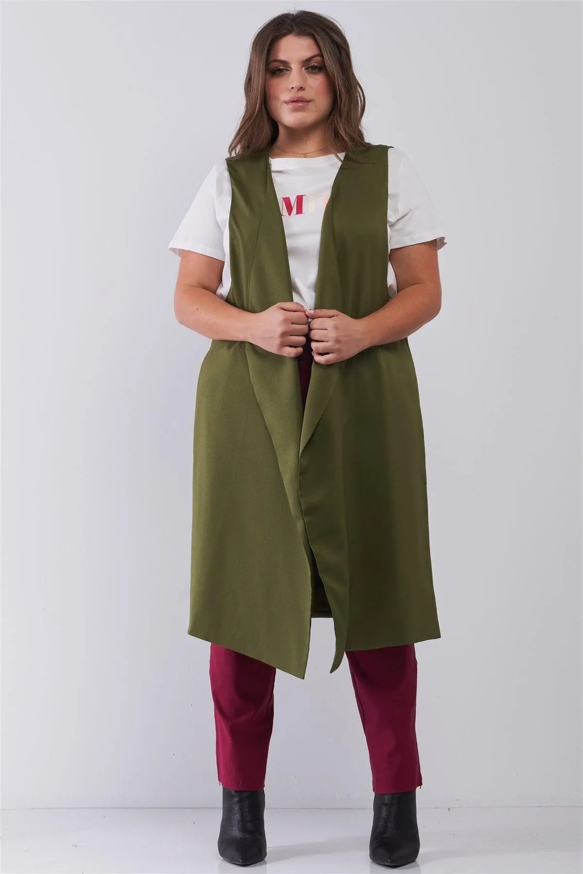 Junior Plus Olive Open Front And Side Sleeveless Long Vest /6 Pieces - Tasha Apparel Wholesale