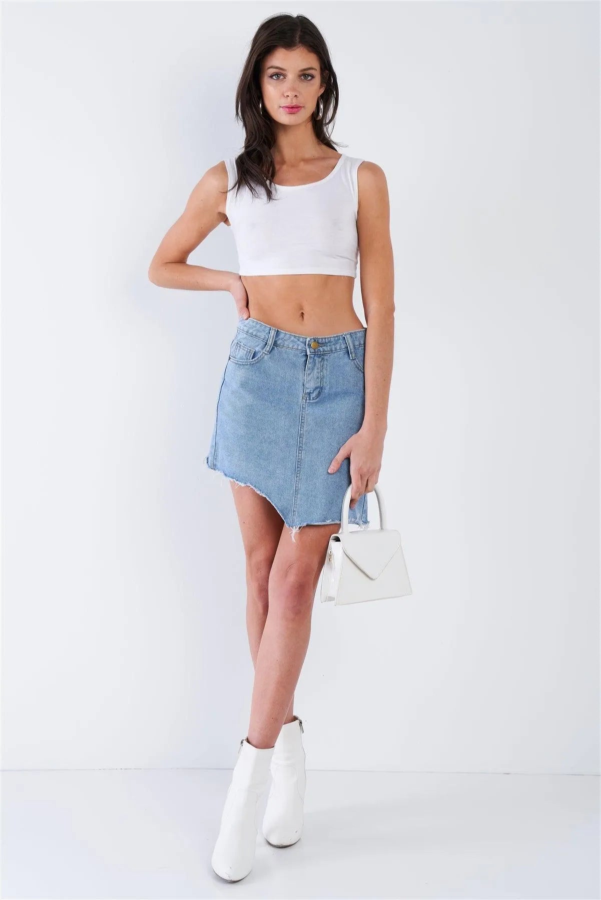 Medium Blue Washed Asymmetrical Raw Cut Hem Mini Skirt / 1-3-2 - Tasha Apparel Wholesale