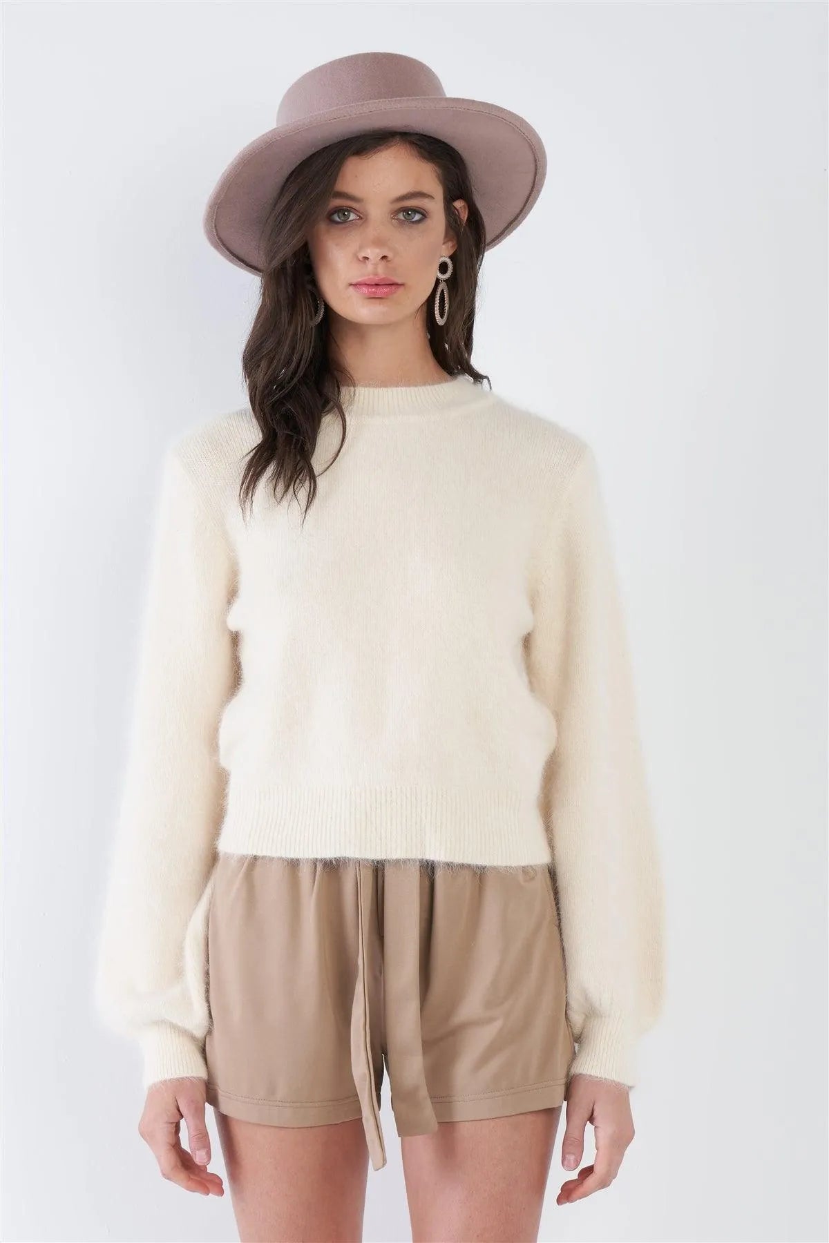 Hairy Cream Beige Mock Neck Chic Long Sleeve Sweater /1-2-2-1 - Tasha Apparel Wholesale