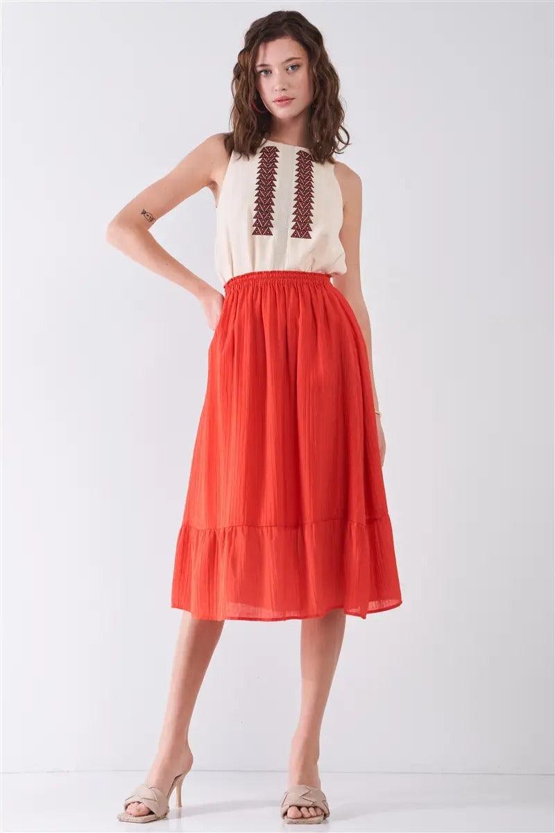 Afterglow Red High-Waisted Slightly Pleated Midi Skirt