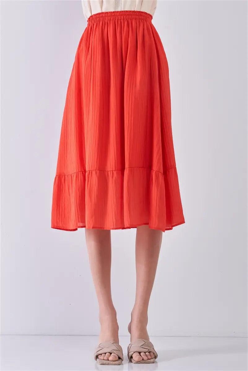 Afterglow Red High-Waisted Slightly Pleated Midi Skirt