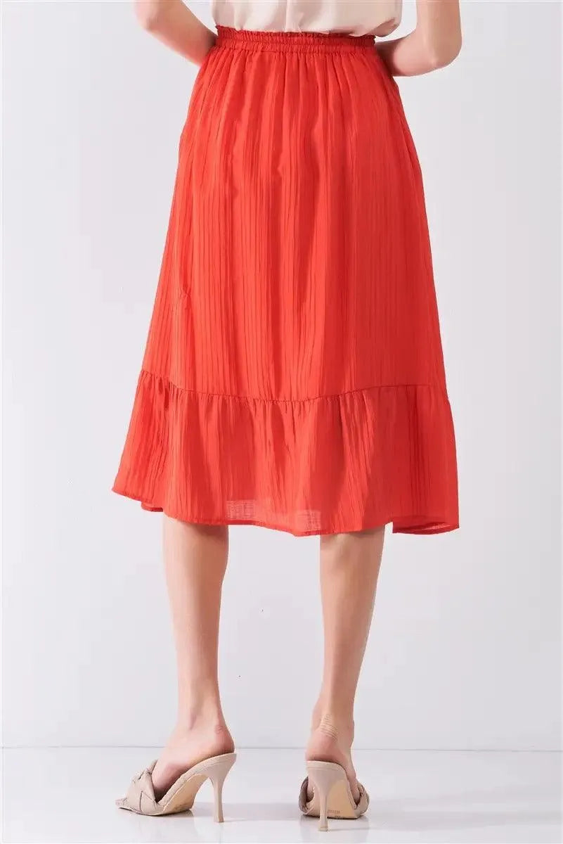 Afterglow Red High-Waisted Slightly Pleated Midi Skirt - Tasha Apparel Wholesale